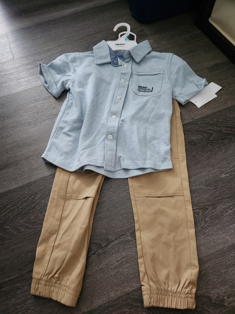 DKNY Light Blue Button Down Shirt with Tan Jogger Pants